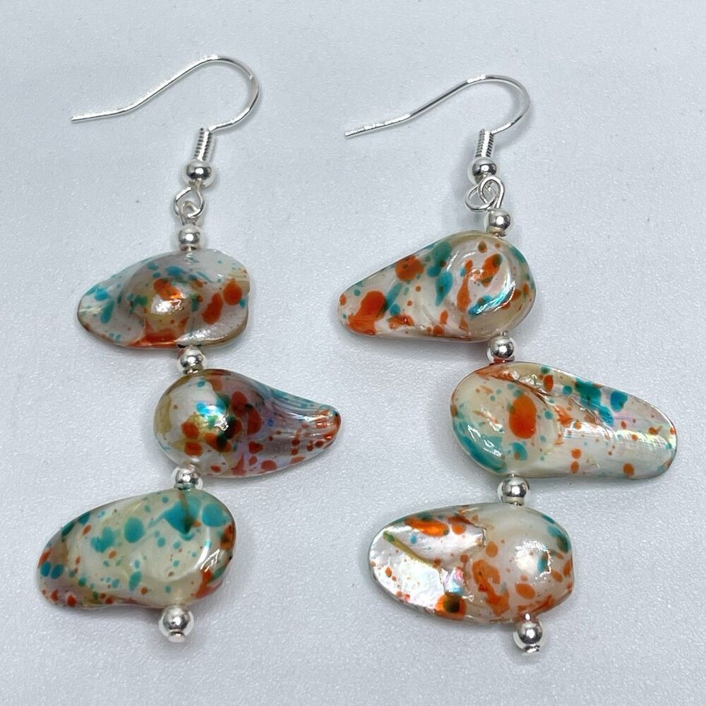 Stunning One of a Kind Confetti Dyed Baroque Pearl Beaded Dangle Earring Silver